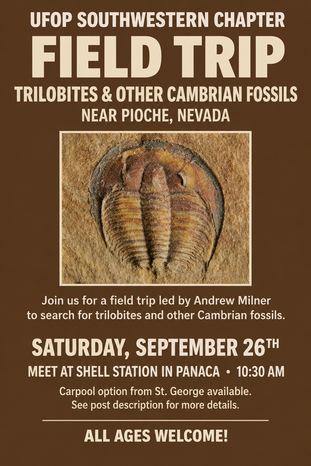 Graphic with information about the Utah Friends of Paleontology Southwest Chapter's September 26, 2026 field trip. The information in the graphic is contained in the full post.